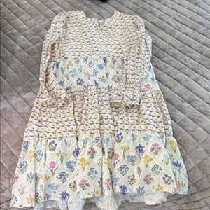 Girls' Floral Tiered Long-Sleeve Dress - White with Yellow & Purple Floral